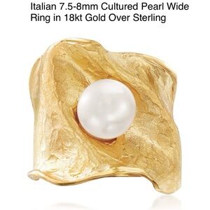 New - Italian 7.5-8mm Cultured Pearl Wide Ring in 18kt Gold Over Sterling